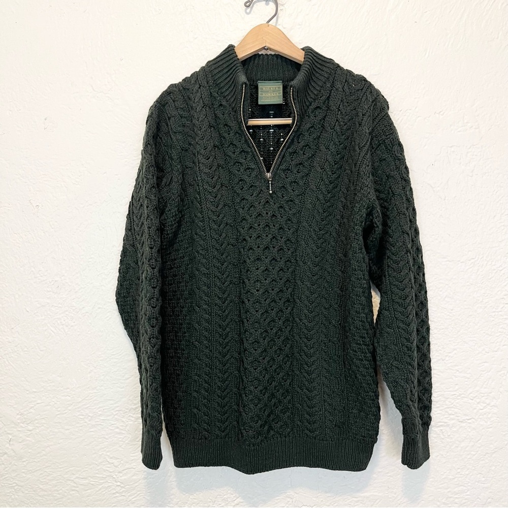 Walker Hawkes Sweater Green Wool Cable Knit Quarter Zip Ireland Jumper Medium M - Picture 2 of 7